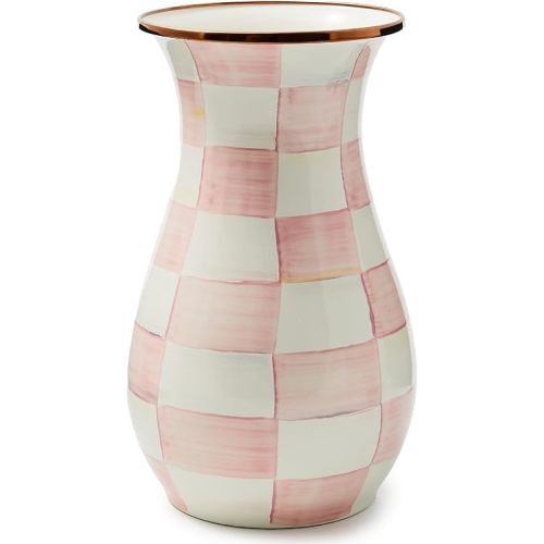 MACKENZIE-CHILDS Tall Enamel Vase, Unique Flower Vase, Bouquet Vase Decor for Living Room, Pink-and-White Rosy Check