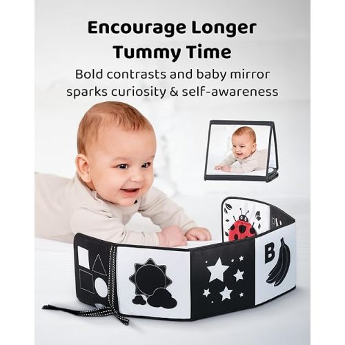 High Contrast Baby Book, Black and White, Tummy Time Mirror Toy | Newborn visual stimulation 0-6 months, Montessori sensory play, soft crinkle pages, folds flat, ties to crib and stroller