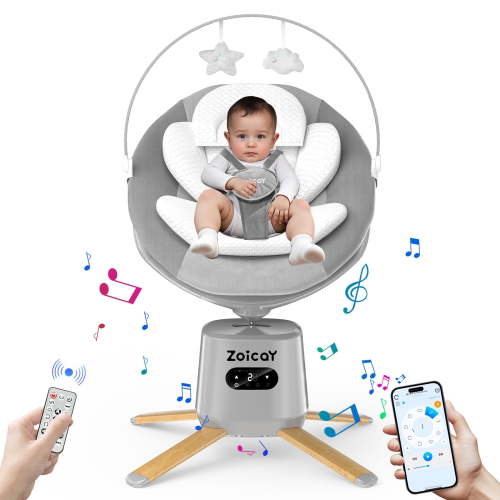 Zoicay Portable Baby Swing for Infants, 3D Swing Modes & 8 Speeds, APP Remote Control, 360° Rotating Seat, 6 Lullabies & Bluetooth Music, Gray