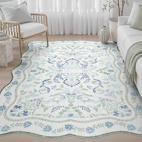 DCX Blue and Green 6x9 Rug, Washable Botanical Scalloped Rug
