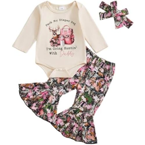TheFound Infant Baby Girl Clothes Newborn Ruffle Long Sleeve Ribbed Romper Print Bell Bottom Toddler Baby Fall Winter Outfit