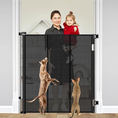 Reinforced 48" Extra Tall Pet Gate with Support Rods, 4 Ft Tall Retractable Baby Gates for Doorways 55" Wide Mesh Dog Gate Indoor Outdoor - Prevent Baby/Pet from Jumping Over, Black