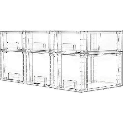 Vtopmart 6 Pack Clear Stackable Storage Drawers,Easy to Assemble Bathroom Organizers and Storage with handles,Plastic Drawers for Kitchen Pantry,Cabinet,Under Sink Organization