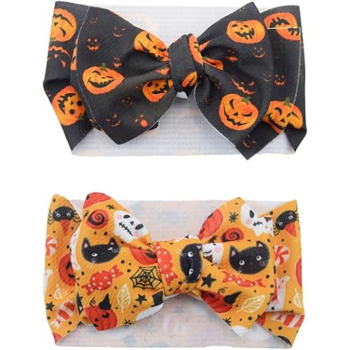 Baby Girl's 8'' Halloween Soft Large Bowknot Nylon Printing Headband Toddler Hairband Set of 2 (Black Orange, One Size)