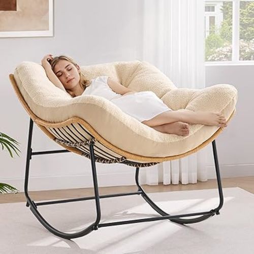 ONBRILL Outdoor Rocking Chairs, Oversized Papasan Rocking Chair Indoors with Padded Cushions, Rattan Wicker Lounge Chair for Living Room, Porch, Patio, Garden, Beige