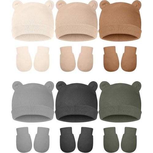 Geyoga 12 Pieces Newborn Hat Mittens Gloves Set Baby Boys Girls Cotton Baby Beanie for 0-12 Months