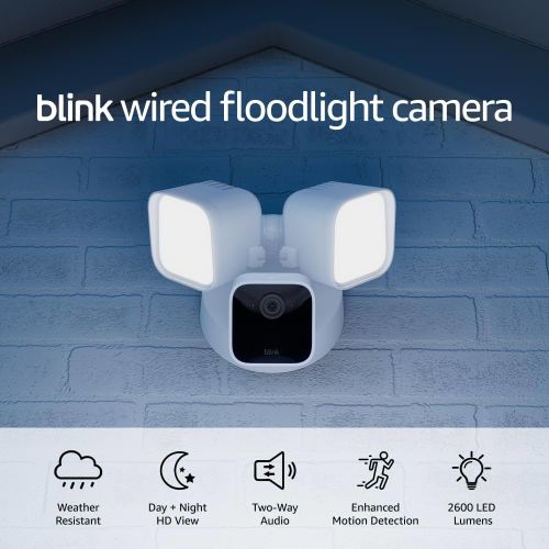Blink Wired Floodlight Camera - Smart security camera, 2600 lumens, HD live view, enhanced motion detection, built-in siren, Works with Alexa – 1 camera (White)