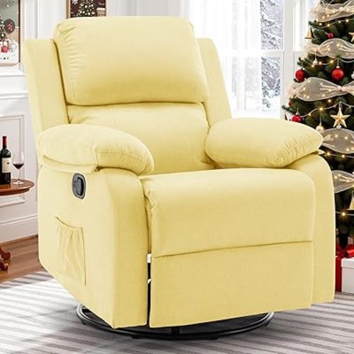 Recliner Chair, 360 Swivel Rocker Chair for Adults, Small Rocking Recliner for Small Spaces, Upholstered Fabric Glider Recliner Nursery (Swivel Rocker Recliner, Light Yellow)