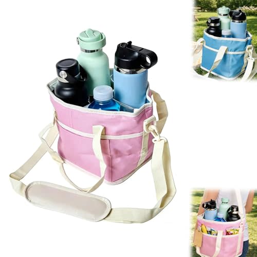 Family Size 4 Compartment Drink Bag, Insulated Multiple Tumbler Holder Caddy with Adjustable Strap, No-Spill Reusable Beverage Carrier for Hiking, Walking, Sports, Family Outings & Daily