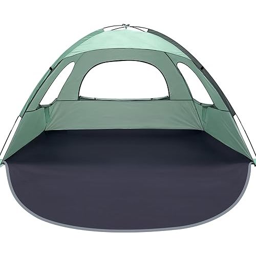WhiteFang Beach Tent Anti-UV Portable Sun Shade Shelter for 3 Person, Extendable Floor with 3 Ventilating Mesh Windows Plus Carrying Bag, Stakes and Guy Lines (Mint Green)