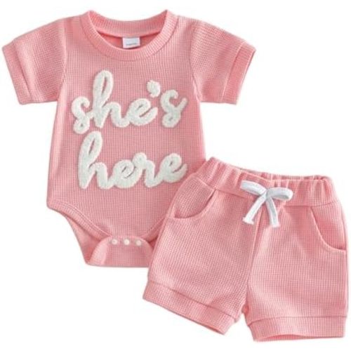 Madjtlqy She is Here Newborn Baby Girl Clothes Preemie 0 3 6 Months Short Sleeve Romper and Shorts Set