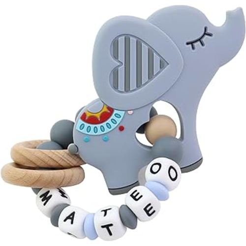 Personalized Baby Teether Rattle with Name – Custom Wooden Teething Toy for Boys & Girls – Handmade Elephant Keepsake Baby Shower Gift (Grey)