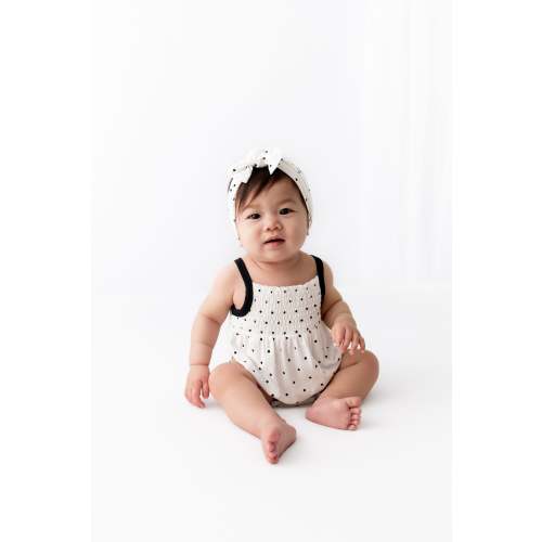 Smocked Bubble Romper in Midnight Polka Dot