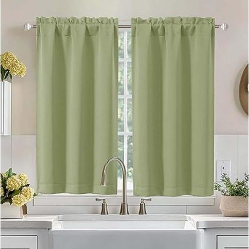Aiyufeng Sage Green Short Blackout Curtains for Bedroom 45 Inches Long 2 Panels Set, Solid Thermal Insulated, Energy Saving Window Treatment Curtains Blackout Drapes, W40 x L45 Inch, Sage Green