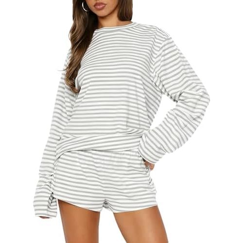 RUEWEY Women Striped Pajamas Set Crewneck Long Sleeve Loose Top Shorts Two Piece Lounge Sets