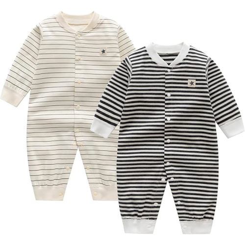 Newborn Baby Boys 2 Pack Cotton Romper Outfits Infant Long Sleeve One-Piece Toddler Button Jumpsuits