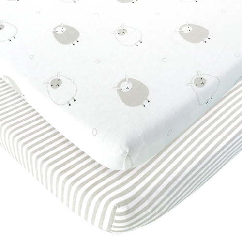 Joey + Joan Fitted Sheets for Oval Bassinets (15 x 33 inch) - Stripes & Lamb (2 Pack)