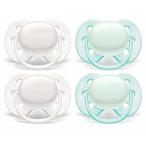 Philips AVENT Ultra Soft Pacifier, 0-6 Months, Arctic White/Green, 4 Pack, SCF214/40