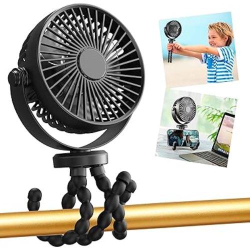 snawowo Mini Portable Stroller Fan, 3000mAh Battery Operated Personal Small Handheld Fan with Flexible Tripod, 360 Rotate 3 Speed Rechargeable Clip on for Car Seat Crib Treadmill Travel Camping