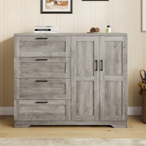 Garvee 43.3'' H Armoire Wardrobe Closet with 4 Drawers and 2 Doors, Hanging Rod, Multifunctional Wooden Dresser with Storage Closet