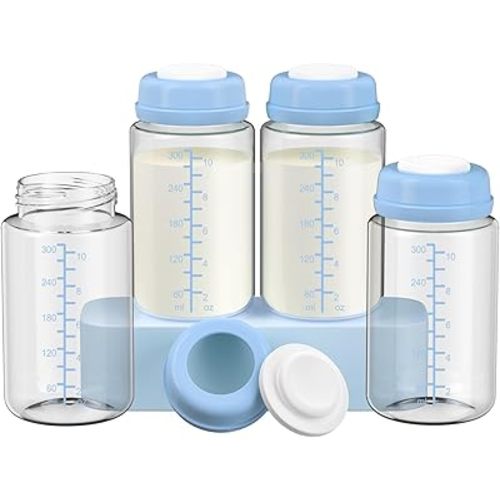 4 Pack 10oz Wide-mouth Breastmilk Storage Bottle for Momcozy 22oz Portable Breast Milk Cooler, Pumping Storage Containers Compatible with Spectra S1/S2/9 Plus/SG/Motif Luna (4PC/Blue Lids)