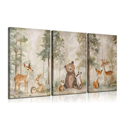 Redwood Rover 3Pcs Woodland Animal Nursery Canvas Wall Art Wild Animals Forest Paintings Pictures Wall Decor Fox Bear Deer Watercolor Poster Printing Artwork Home Decoration | Wayfair