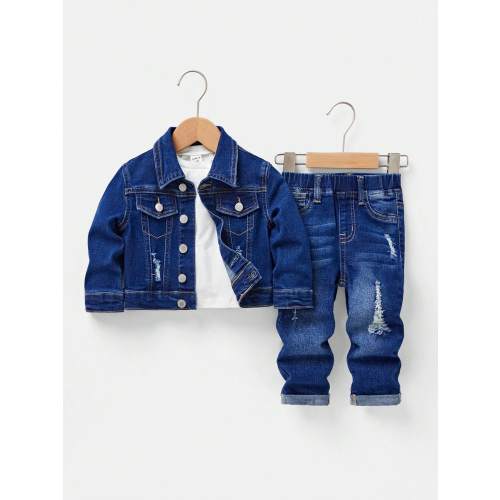 SHEIN Baby Boy 2pcs/Set Casual Ripped Frayed Lapel Long Sleeve Denim Jacket And Ripped Frayed High Stretch Skinny Blue Jeans Set,Versatile For Fall Clothes And Outdoor Wear