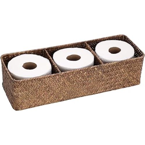 Hipiwe Handwoven Wicker Storage Box 3 Sections Seagrass Basket Bin Toilet Paper Holder for Bathroom Shelf Organizer for Kitchen Living Room, Coffee Color