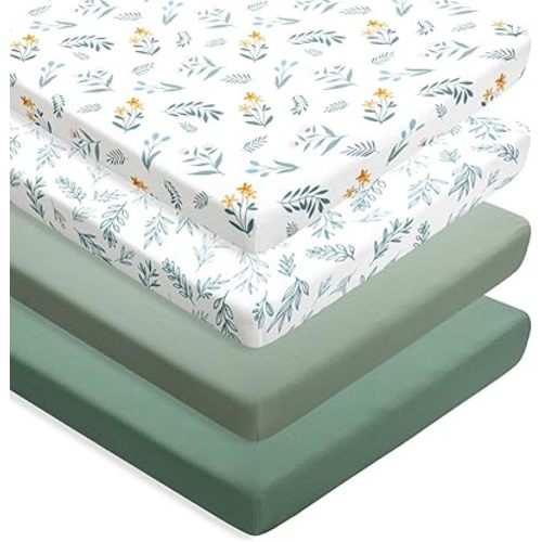 4 Pack Sage Green Fitted Nursery Sheets Neutral Unisex Baby Breathable Sheets for Boys or Girls with Leaf and Flower Design (N-Play Sheet)