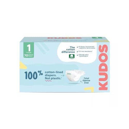 Kudos Chlorine Free Premium Diapers - 100% Cotton-Lined - Ultra Soft - Size 1-70 Count