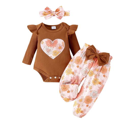 RMGVDSD Toddler Baby Girl Clothes Autumn Winter Long Sleeve Love Printed Romper Tops + Long Pants +Headband 3 Pcs Outfits Set Cute Baby Clothes 3-6 Months