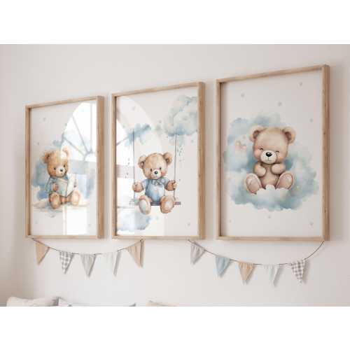 Set of 3 Teddy bear nursery wall art print| Bear nursery Decor| Bear ,Moon, Cloud| Nursery Decor| Baby boy nursery | Boy nursery wall art