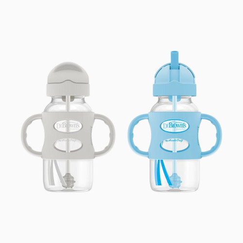 Dr. Brown's Wide-Neck Sippy Straw Bottle with Silicone Handles (2 Pack) - Gray & Blue, 9 Oz, 2