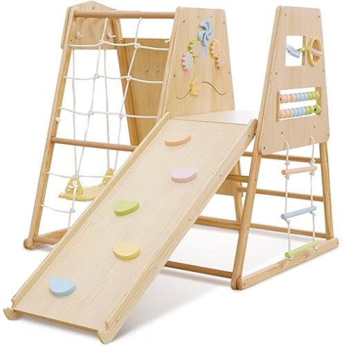 Avenlur Cherry 5-in-1 Wooden Indoor Climber – Montessori Toddler Play Gym with Slide, Rock Wall, Rope Ladder, Sensory Panel & Swing – Indoor Playground for Kids Ages 18 Months to 5 Years