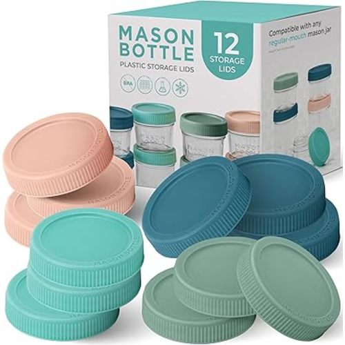 Mason Bottle Plastic Storage Lids (12-Pack) – Fits Regular-Mouth Mason Jars – Silicone Inner Seal, Food-Safe, BPA-Free, Rust-Free, Made in USA, Jar Not Included (Variety)
