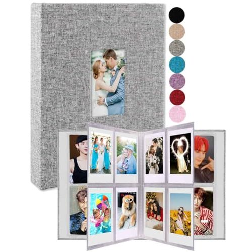 GPIRAL Mini Photo Album 208 Vertical Photos - Linen Front Window, Photo Album 2x3 Compatible with Fujifilm Instax Mini Film 7s 8 9 11, Polaroid 300, HP Sprocket, K-pop Photocards, Zip Printer, Grey