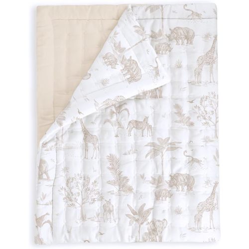 MakeMake Organics Organic Baby Comforter GOTS Certified Organic Kids Blanket Cotton Infill Tufted - Reversible Ultra Soft Breathable Boys Girls (30"x40", Safari + Solid Oat)