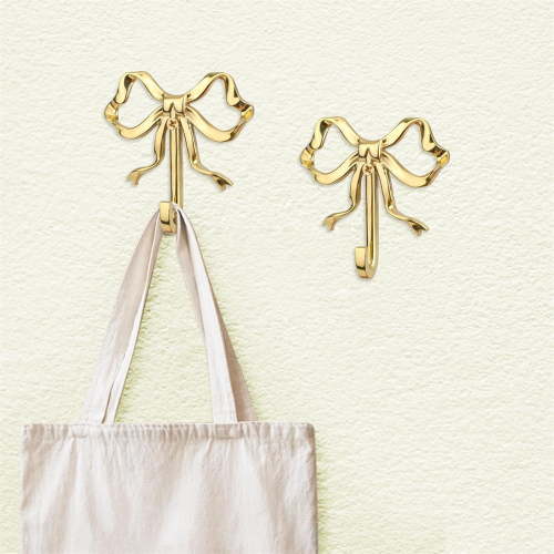 Triani 2Pcs Bow Hook Bowknot Wall Hook Bow Hooks 2.56 Inch Multi-Purpose Hat Hooks Brass Gold Wall Hook for Wedding Bathroom Living Room Kitchen Decor(Small)
