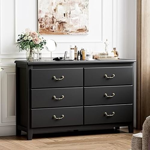 Black Dresser for Bedroom, Modern 6 Drawer Double Dresser with Vintage Gold Antique Handles, Wood Dresser and Chest of Drawers for Bedroom Hallway, Antique Black