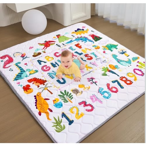 Baby Play Mat - Thicken 50x50 Inch Soft Foam Crawling Mat for Playpen & Floor, Non-Slip Waterproof Playmats for Infants & Toddlers, Portable Foldable & Machine Washable, Dinosaur & Letters