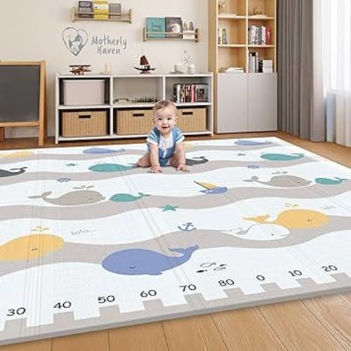 79x71 Foldable Baby Play Mat for Floor, Extra Large Reversible Foam Play Mat for Babies 6-12 Months, Waterproof Portable Foam PlayMat for Tummy Time for Toddler - Whales