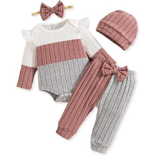 Mioglrie Newborn Baby Girl Clothes Infant Fall Outfits Color Block Pants Set Baby Clothes for Girls 0 3 6 9 12 18 Months