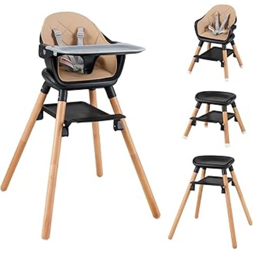 HONEY JOY Baby High Chair, 6 in 1 Convertible Wooden Highchair for Babies and Toddlers/Chair/Bar Stool, Removable Double Tray & Reversible Footrest, Safety Harness for Infant Boys Girls (Coffee)
