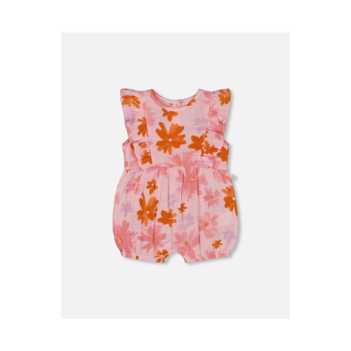 Baby Girl's Printed Muslin Romper Pink And Coral Flowers