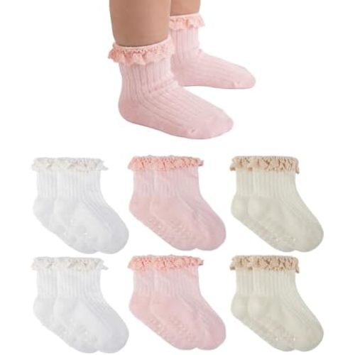 Baby Girl Ruffle Socks Non Slip Grips Cute Cotton Lace Ankle Pageant Dress Socks Newborn Infant Preemie 0-3 Months