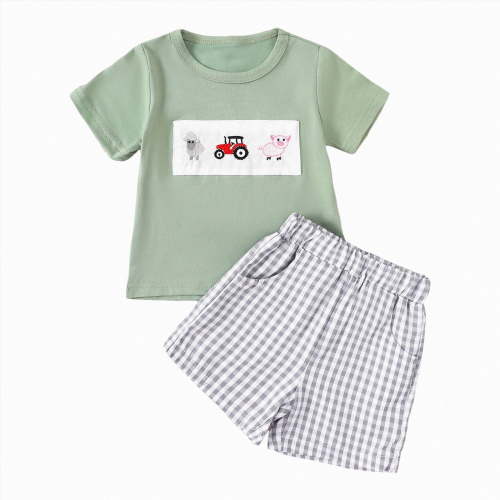 Toddler Baby Boy Clothes Summer Outfits Embroidery Trucks Smocked Shirt T-Shirt + Gingham Shorts 1T 2T 3T