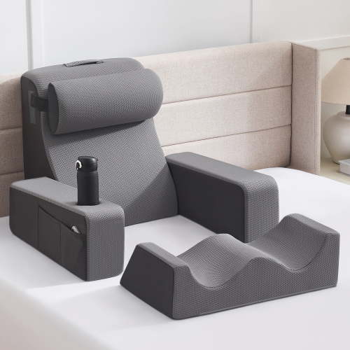Reading Pillow for Bed Sitting Up, Backrest Cushion with Adjustable Armrests and Back Support, Bed Pillow with Cup Holder and Large Pocket for Reading, Watching TV, Gaming & Relaxing