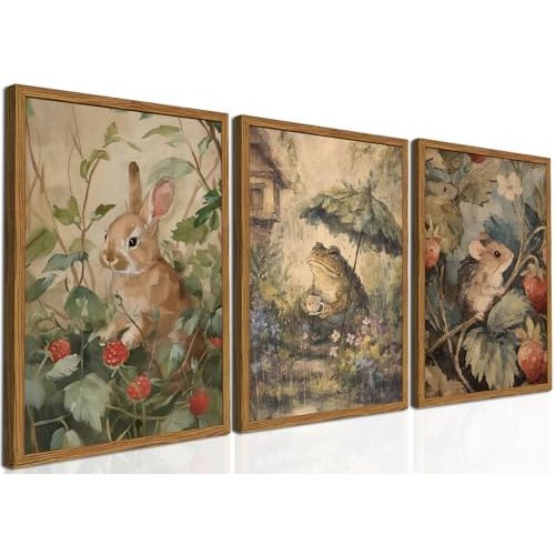 Framed Vintage Cottagecore Wall Art Set of 3, Cute Rabbit Frog Mouse Pictures Wall Decor, Rustic Animal Botanical Paintings Canvas Prints for Nursery Living Room Bedroom Farmhouse Home 12x16 inch