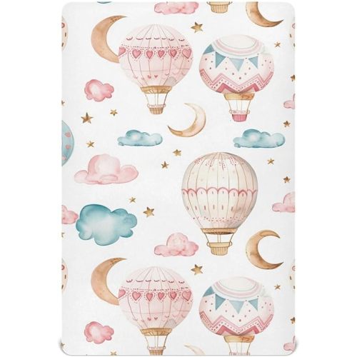 Clouds Moon Balloon Crib Sheets for Boys Girls Crib Mattress Sheet Ultra Breathable Crib Fitted Sheet Super Stretchy Baby Bed Sheets S-M