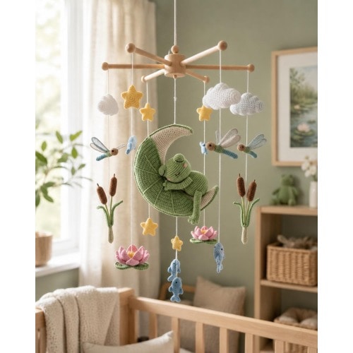 Frog Crochet Baby Mobile, Handmade Nursery Crib Mobile, Moon Star Cloud Mobile, Lily Pond Nursery Decor, Baby Shower Gift